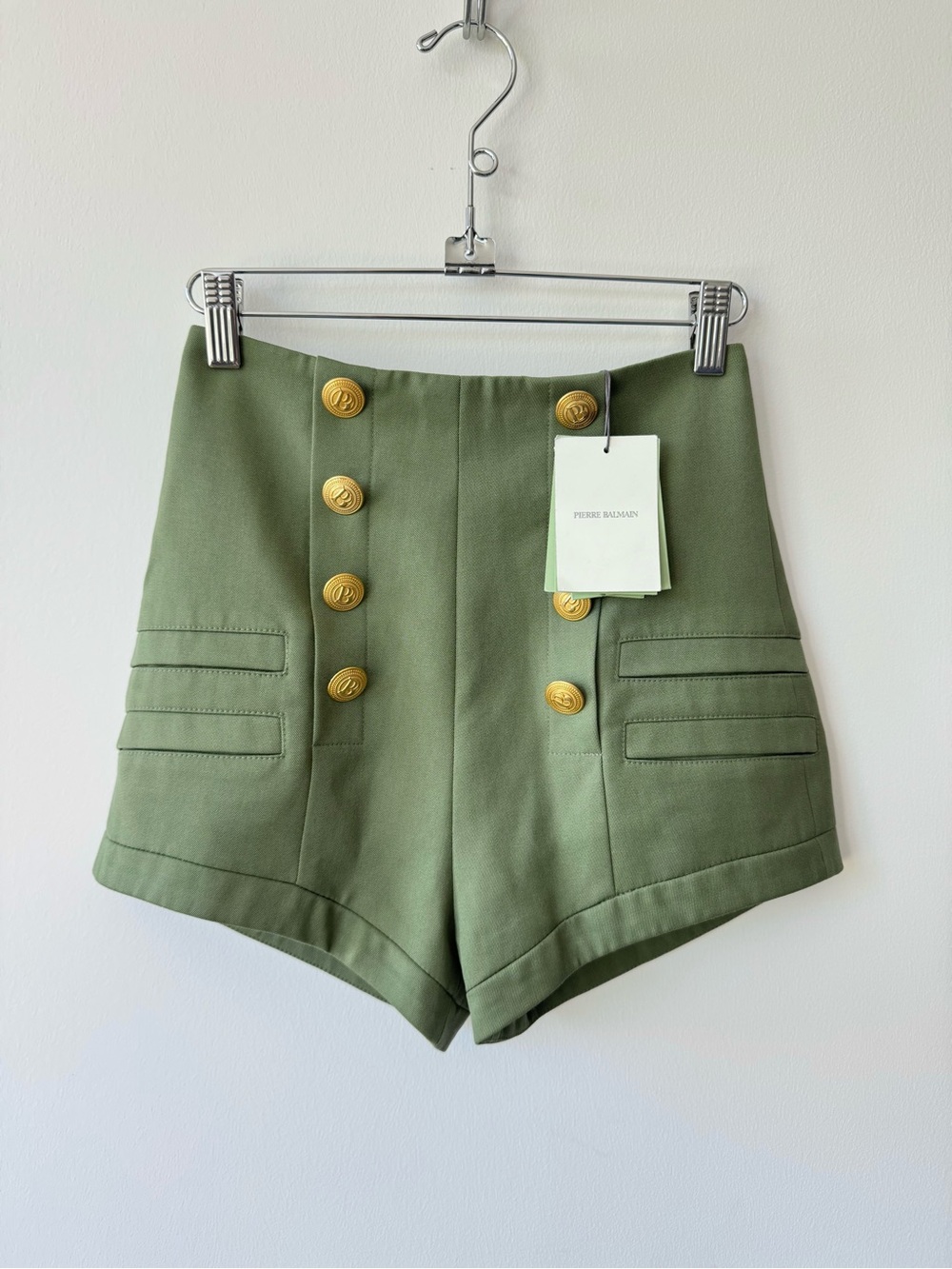 NWT Pierre Balmain Olive Green High-Waist Military Style Button Shorts - Size 34